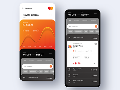 MasterCard Concept App 7ninjas app bank account bank app bank card banking chart credit card details finance app fintech listing money payments statistics transactions