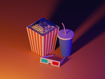 Movie night 3d blender cinema illustration isometric low poly movie netflix popcorn snack tv