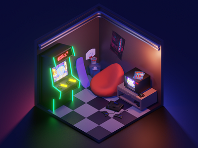 Gaming room 3d 80s 90s arcade basketball blender cave console cyber gaming illustration neon retro sega teenager videogame