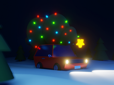 Driving home for Christmas 🎄 3d blender car cartoon christmas christmas tree hatchback illustraion lights low poly snow winter xmas