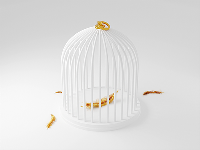 Bird Cage 3d bird blender cage clay clean feather gold illustration minimalist modern sterile white