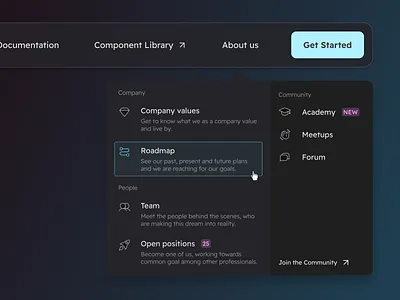 Dropdown navigation menu - Dark mode about us clean company dark dark mode description dropdown icons menu modern nav navigarion soft startup theme ui