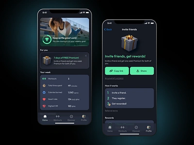 Fitness app referral system affiliate app electric fitness friend glass icons invite mobile navigation referral share sport ui vivid workout