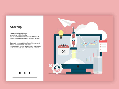 Landing Page Startup business computer concept design flat graphic illustration landingpage modern object rocket smartphone startup technology template vector