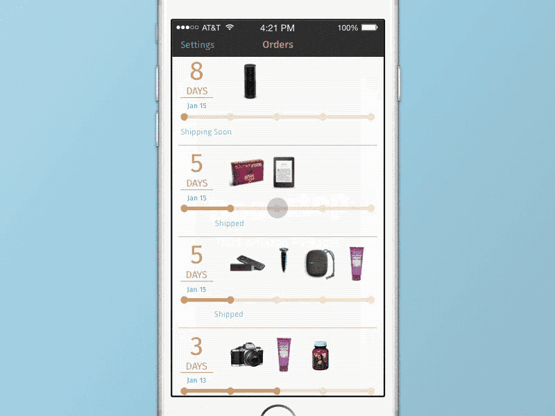 Interaction Mock-up of Amazon Order Tracking App animation app delivery interaction interface ios keynote list mobile ui ux