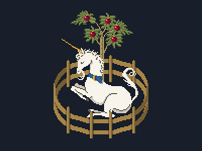 Unicorn In Captivity 🦄⛓ fence medieval pixel art pomegranate renaissance tree unicorn