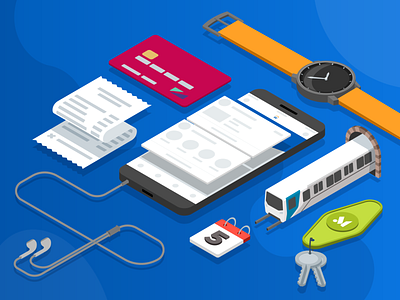 Workday Mobile Team Illustration app calendar credit card date expenses finance financial headphones illustration keychain keys money music phone time train transportation watch