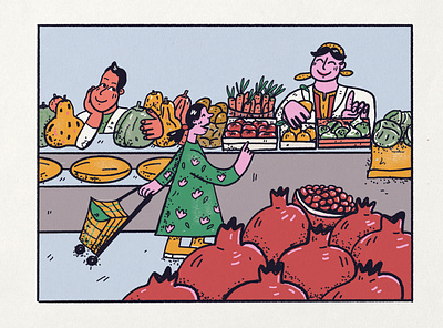 Shopping at local food market autumn character design characters cute characters eat local fall food food market fruit fruits and vegetables grocery illustration seasonal fruit shopping