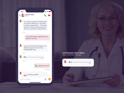 CarePassport App Calling - Message-page-2-chat appointment chat doctor healthcare hospital medical care medical design message message chat patient voice voice record