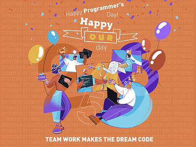 Day of the Programmer character character design cloud code coding colleague developer gift holiday illustration it present programmer team teamwork technology texture ui ux web