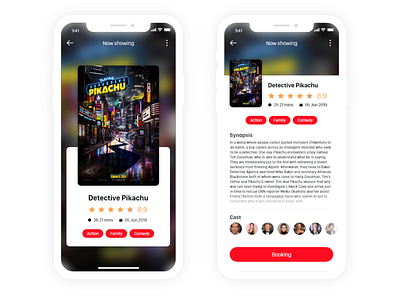 Movie detail app cast clean design iphone minimal movie movie app movie booking pikachu rating ui ux