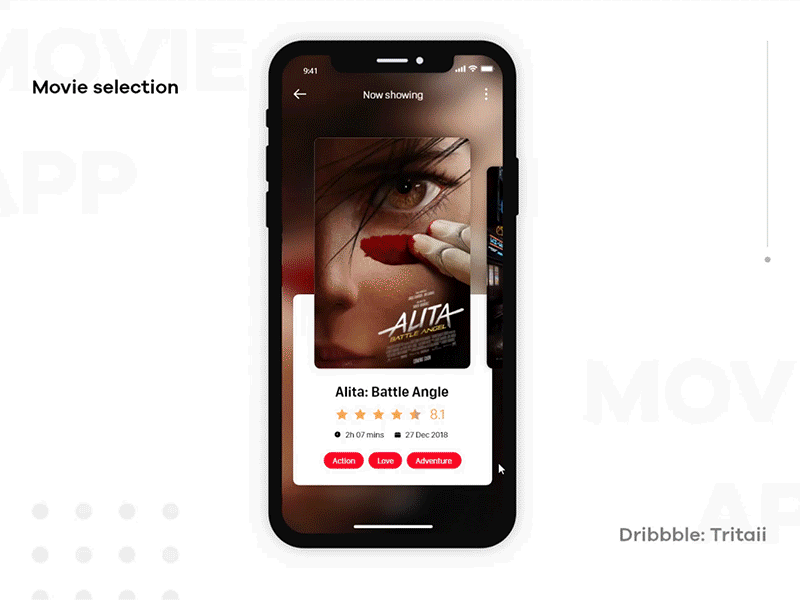 Movie app Interaction animation app clean design detail page iphone minimal movie app movie booking movie card red swipe ticket booking ui ux