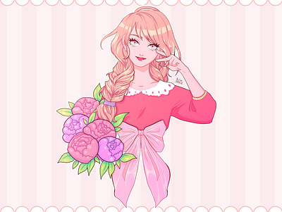 Peonies - ART anime art character character art character creation digital art flowers girl graphic design illustration peonies photoshop pink smile sweet