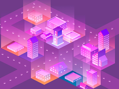 Bright city blue city colour violet design home illustration intersection isometric art isometric city orange pink road vector violet