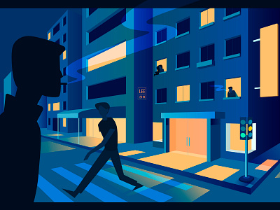 Melancholy character illustration light night night city smoke vector