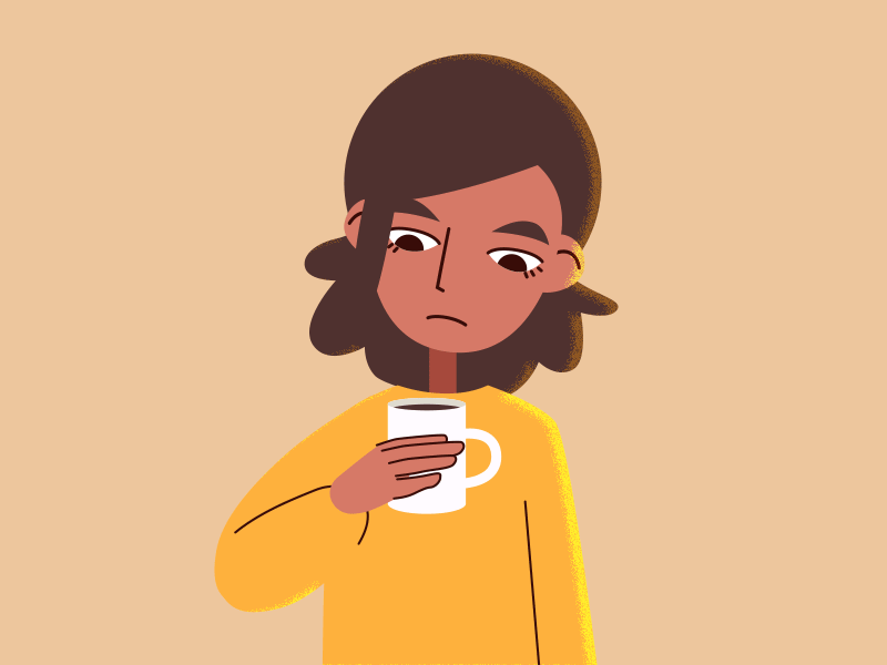 Coffee time animation animation 2d black eyes character character art coffee coffee cup cup curls drink girl hoody melancholy morning relaxation steam vector yellow yellow light
