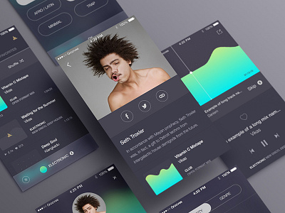 Music App overview app dark energy gradient graph ios kickpush mobile music ui