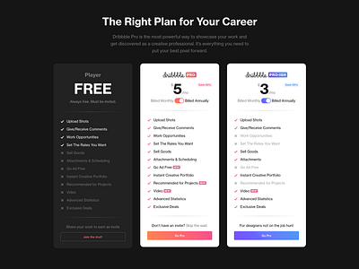 Dribbble Pro-ish Plan dribbble subscription ui