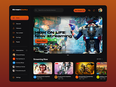 StreamJunky - Live Streaming website design game gamers livestream stream streaming twitch ui