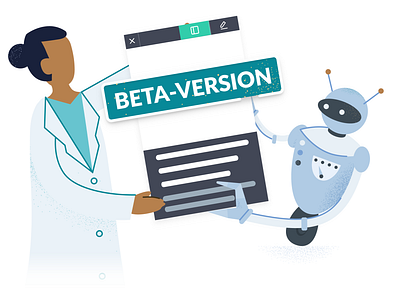 feature beta-version app beta version design doctor feature flat illustration platform robot software test users ux