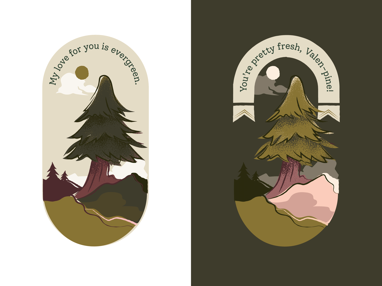 Happy Valen-pines Day! adobe illustrator badge badge design camping green hiking illustration illustrator mountains nature pine pine tree pink puns texture trails valentine valentines day