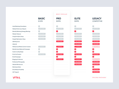 Vital marketing pricing packages section price list pricing