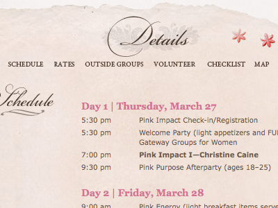 Shabby-chic women's conference website schedual. css html schedule typeography web website