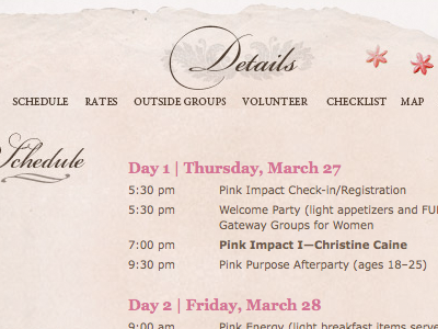 Shabby-chic women's conference website schedual.