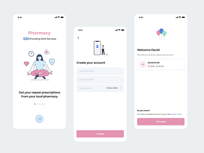 Pharmacy App account clean medicine app mobile app design nhs onboarding pharmacy pink signup ui welcome