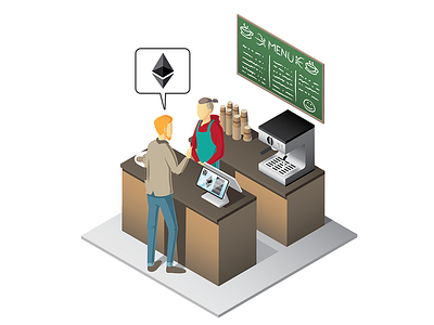 Isometric coffee shop crypto currency design illustration isometric vector