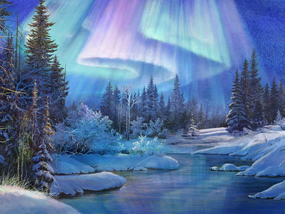 northern lights blue illustration landscape northern lights winter