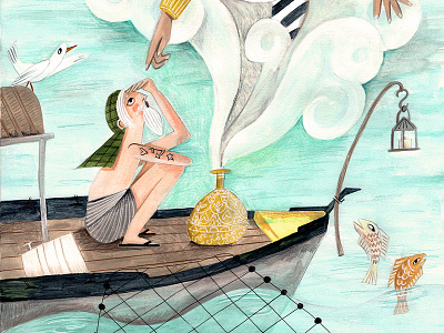 The fisherman and the jini by Caroline Bonne Muller acrylics children book illustration fairytale fisherman folktale ghost illustration jini kidslitart sea