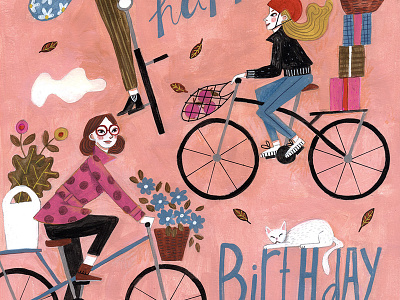 Birthday Greeting Card by Caroline Bonne Muller acrylics bike birthday greeting card greeting cards greetings illustration women