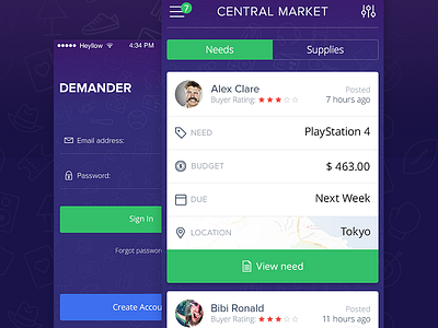 Demander iOS app app cards halo lab interface ios login market mobile pattern sign up ui ux