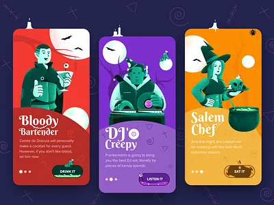 Halloween Party Welcome Screens app colorful colourful creepy stuff dribbbleweeklywarmup halloween halo halo lab horror ios marketing masterpiece mobile onboarding party party app salem witches ui welcome screen