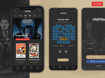OldFilm | Cinema Mobile App application black cinema creative design design app direction film free app free psd mobile mobile app movies psd psd download ui design ui ux ux designer
