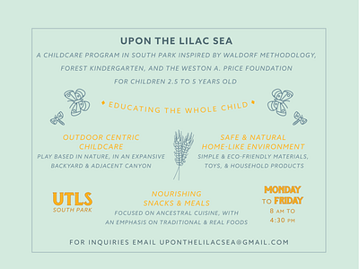 Back of flyer for Upon the Lilac Sea branding design flyer illustration