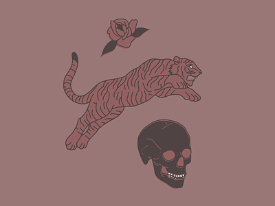 Tiger & Skull illustration rose skull tiger