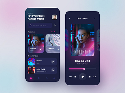 Music App app app design clean dark mode design gradient listening minimalist mobile music music app player playlist podcast song app ui ui design ui ux