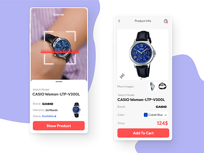 Watch Shopping App With Scanner android app bottom sheet casio ios app minimal online shop popup product product design product scanner purple qr code red scanner shop app shopping app ui uidesign watch