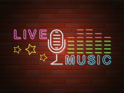 glowing neon signboard live music vector illustration