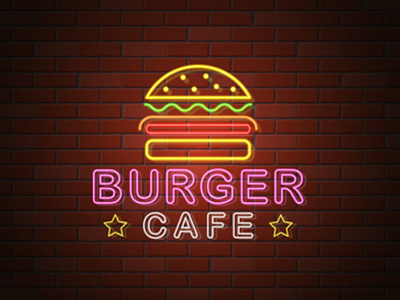 glowing neon signboard burger cafe vector illustration