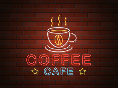 glowing neon signboard coffee cafe vector illustration