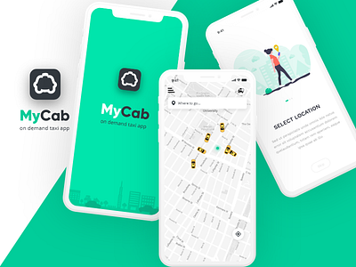 MyCab On-demand Taxi Booking App app design booking cab booking app car booking app green and white ios onboarding screens ride booking app taxi app taxi booking ui ux