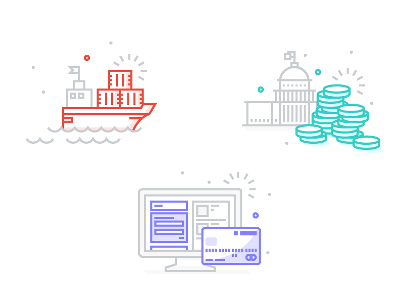 Commerce Illustrations boat building checkout coins commerce computer credit card illustration line art money shipping taxes