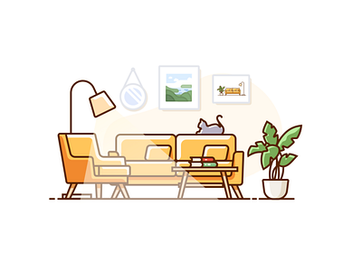 Furniture Combination book cat falt filled furniture home icon icons illustraion lamp plant room sofa table