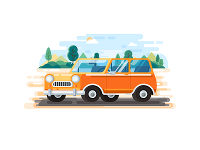 Retro car car flat icon illustration trees