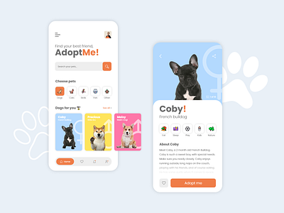 🐶 Pet Adoption App - AdoptMe! 🐾 adobe xd adopt animal cat clean concept corgi dog french bulldog inspiration ios app minimal pet pet adoption pet app puppy shibainu ui ux
