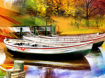 boat, autumn autumn boat landscape painting watercolors yellow