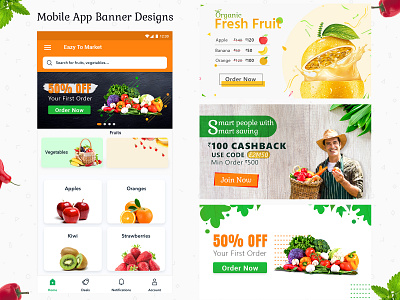 Mobile vegetable and fruits banner design animation banner branding design ecommerce food fruit illustration minimal typography ui design vector vegetable